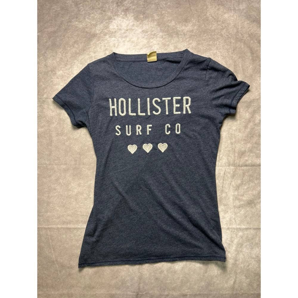Hollister Women T-Shirt M Blue Surf Co Glitter Heart Graphic Tee Short Sleeve